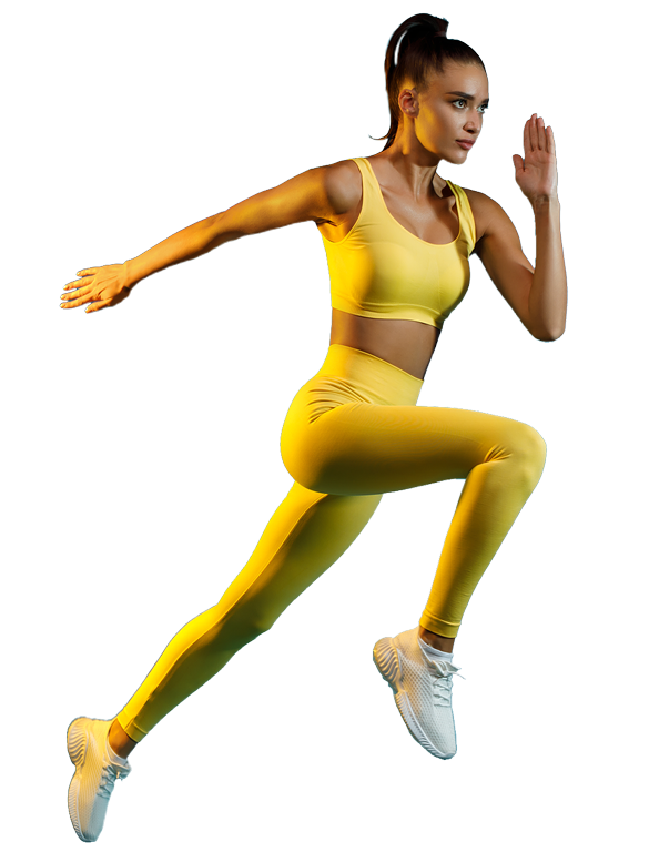 A woman in yellow running on black background.